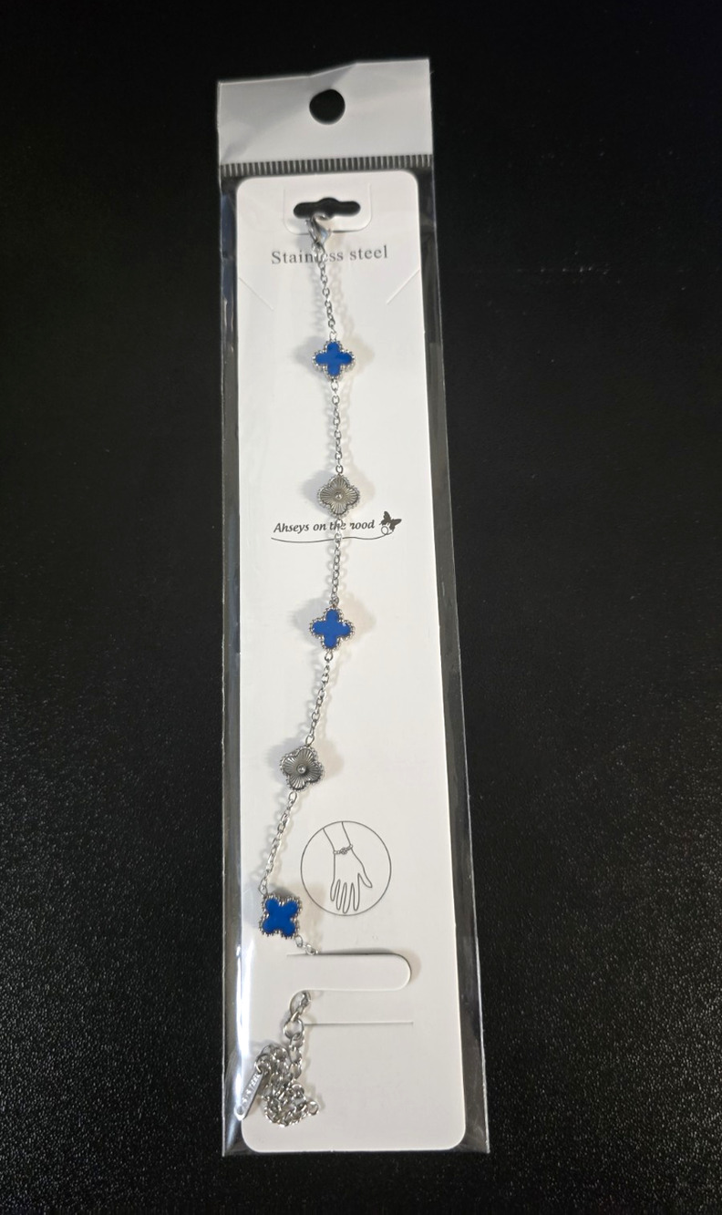 Stainless Steel Silver Tone Adjustable Cable Chain Bracelet Blue Clover Charm